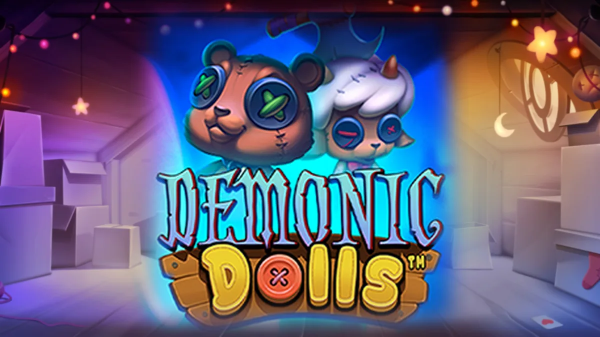Demonic Dolls slot key art: a stitched teddy bear and a lamb doll with an axe in its head in a dark attic, above the Demonic Dolls logo
