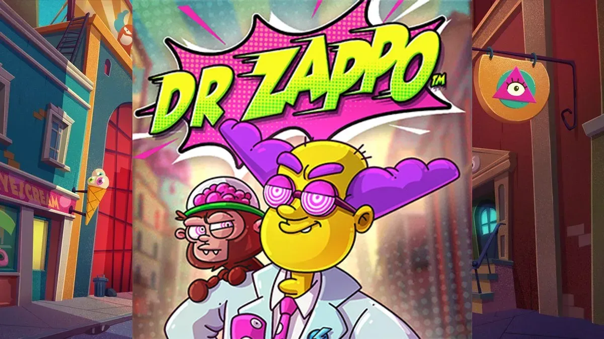 Dr Zappo slot key art: a yellow-skinned mad scientist with spiral glasses and a monkey with a glass-domed brain on a cartoon city street, with the Dr Zappo logo