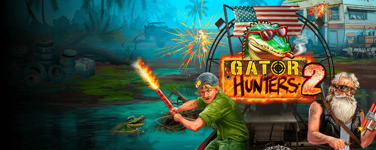 Gator Hunters 2 slot banner with the alligator, the two hunters and the logo