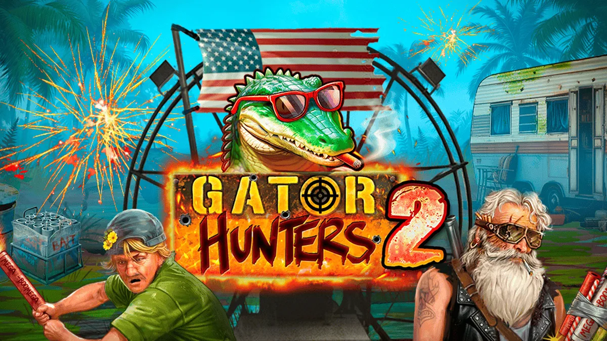 Gator Hunters 2 slot key art: a grinning alligator in red sunglasses with a cigar above two swamp hunters holding fireworks, over the Gator Hunters 2 logo