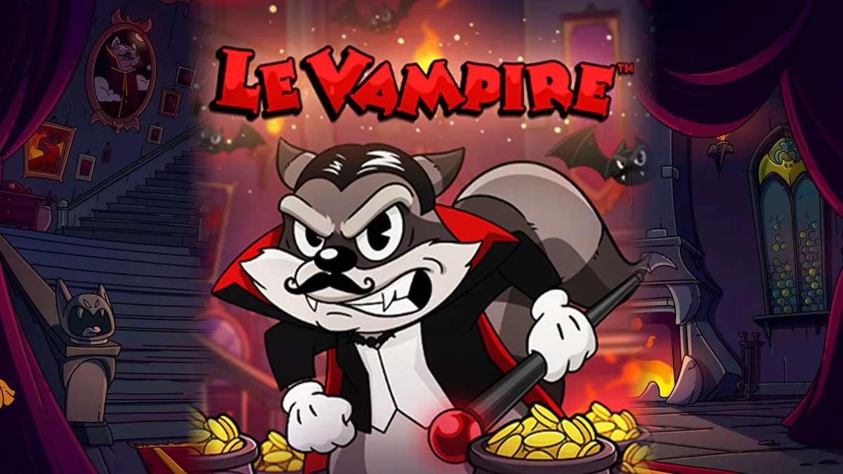 Le Vampire slot key art: Smokey the raccoon as a vampire in a tuxedo and red-lined cape with gold coin pots and the Le Vampire logo in a spooky castle