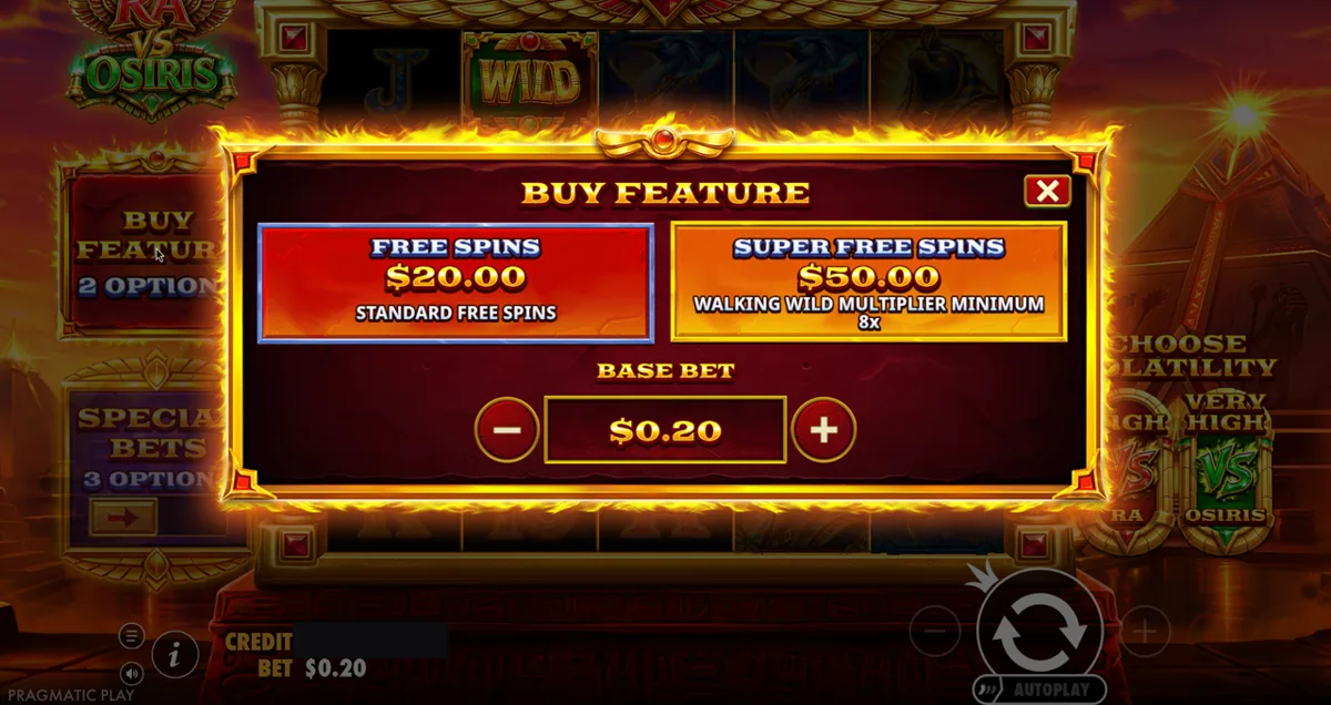 Ra vs Osiris: the Buy Feature menu at $0.20