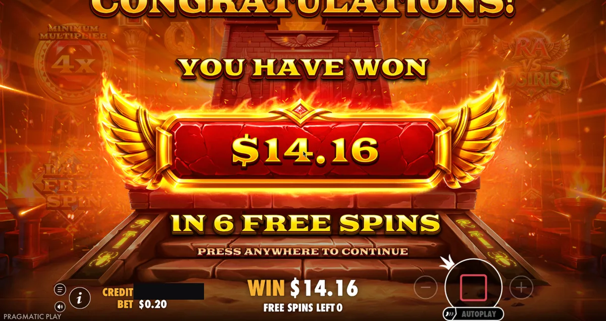 Ra vs Osiris: buy 1 total of $14.16 from 6 free spins